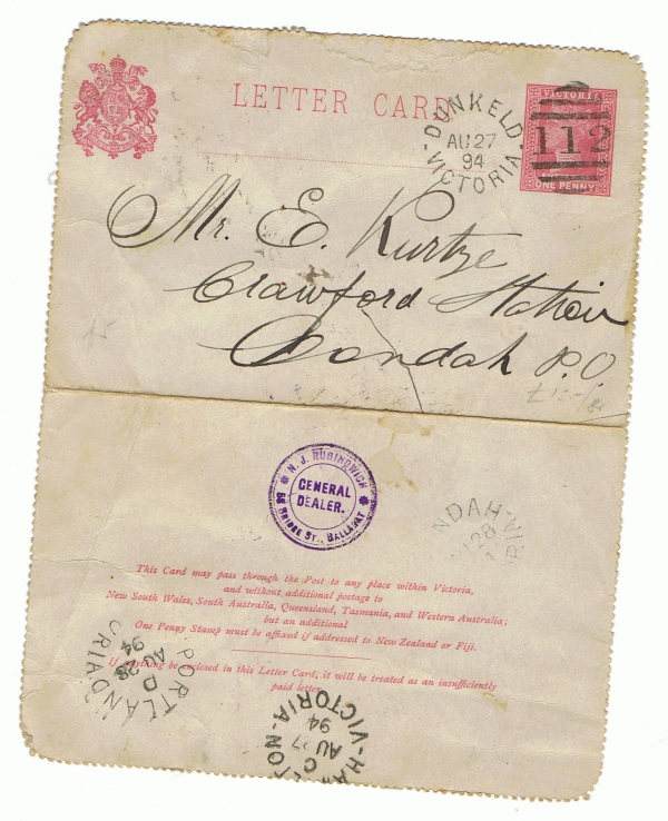 Mr E KURTZE letter card 1894